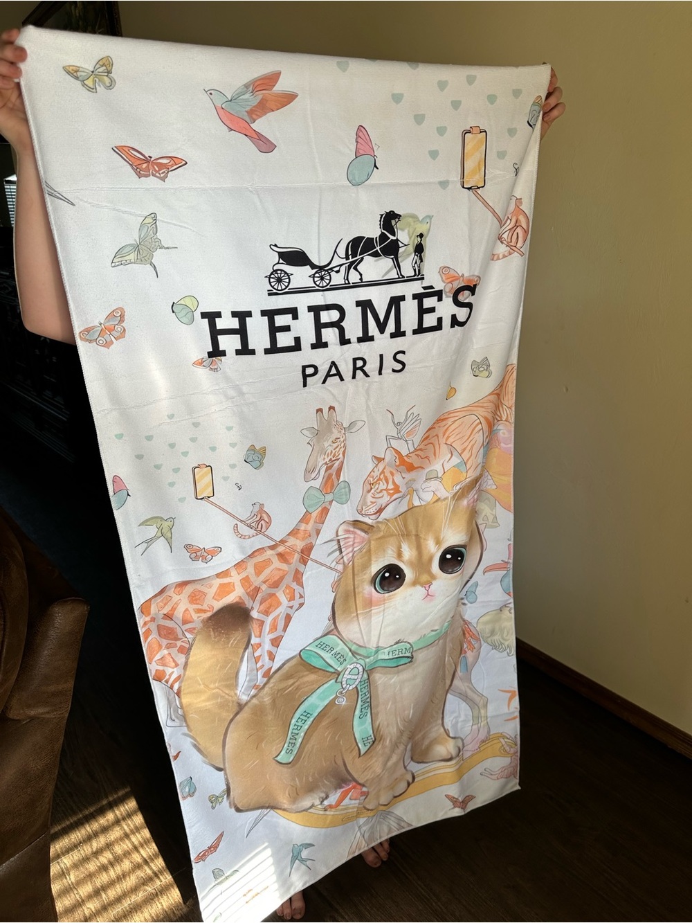 White Multi Color Cat & Giraffe Decorative Bath Towel
